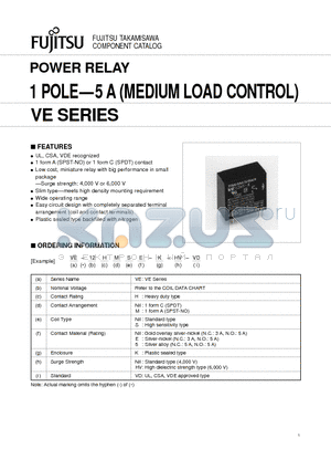 VE-12HMS5-K datasheet - POWER RELAY 1 POLE-5 A (MEDIUM LOAD CONTROL)