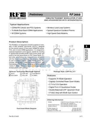 RF2668 datasheet - CDMA/FM TRANSMIT MODULATOR, IF AGC, AND UPCONVERTER WITH INTEGRATED PLL