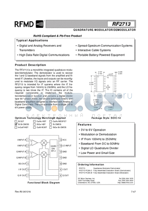 RF2713 datasheet - QUADRATURE MODULATOR/DEMODULATOR