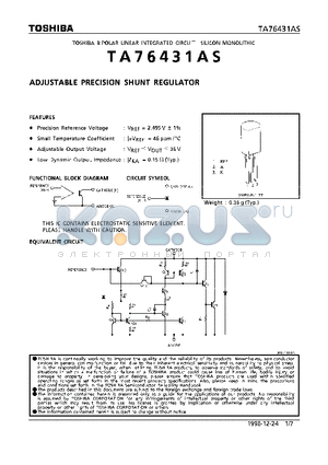 TA76431AS datasheet - ADJUSTABLE PRECISION SHUNT REGULATOR