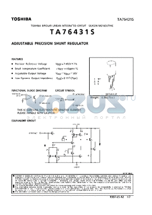 TA76431S datasheet - ADJUSTABLE PRECISION SHUNT REGULATOR