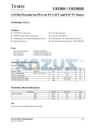 U833BSE-FP datasheet - 1.3-GHz Prescaler for PLLs in TV, CATV and SAT TV Tuners