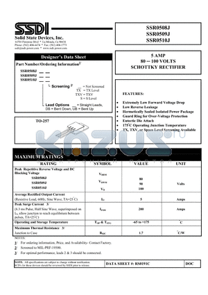 SSR0508J datasheet - 5 AMP 80 - 100 VOLTS SCHOTTKY RECTIFIER