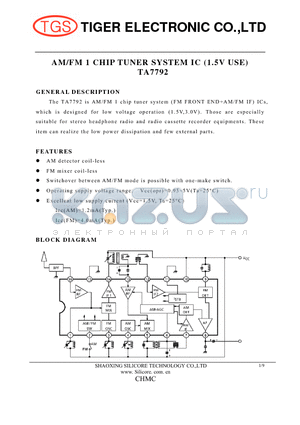 TA7792 datasheet - AM/FM 1 CHIP TUNER SYSTEM IC (1.5V USE)