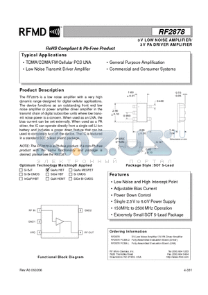 RF2878 datasheet - 3V LOW NOISE AMPLIFIER/ 3V PA DRIVER AMPLIFIER