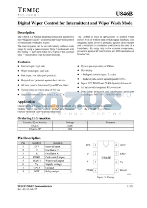 U846B-FP datasheet - Digital Wiper Control for Intermittent and Wipe/ Wash Mode