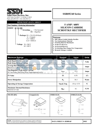 SSR05C60 datasheet - 5 AMP / 600V SILICON CARBIDE SCHOTTKY RECTIFIER