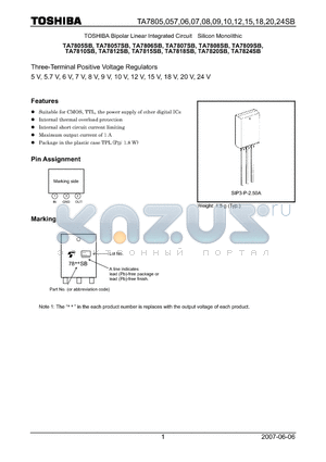 TA7805SB datasheet - 5 V, 5.7 V, 6 V, 7 V, 8 V, 9 V, 10 V, 12 V, 15 V, 18 V, 20 V, 24 V Three-Terminal Positive Voltage Regulators