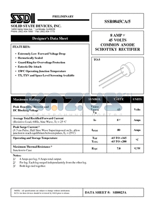 SSR0845CA-5 datasheet - 8 AMP 1/ 45 VOLTS COMMON ANODE SCHOTTKY RECTIFIER