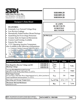 SSR1008-28 datasheet - 10 AMPS 80-100 VOLTS SCHOTTKY RECTIFIER