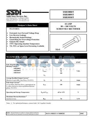 SSR1008/5 datasheet - 10 AMP 80  100 VOLTS SCHOTTKY RECTIFIER