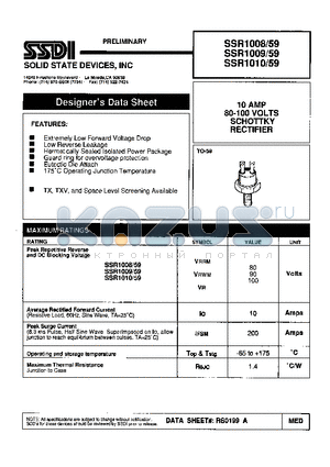 SSR1009/59 datasheet - 10 AMP 80-100 VOLTS SCHOTTKY RECTIFIER