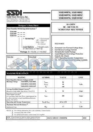 SSR1009M datasheet - 10 AMPS 80 - 100 VOLTS SCHOTTKY RECTIFIER