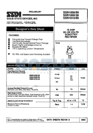 SSR1010/59 datasheet - 10 AMP 80-100 VOLTS SCHOTTKY RECTIFIER