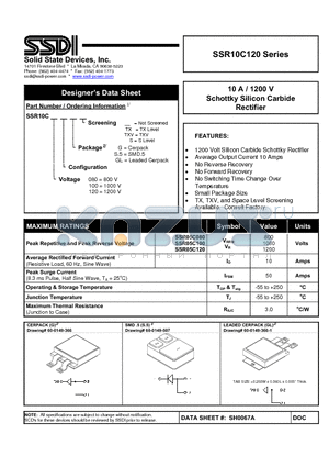 SSR10C080G datasheet - 10 A / 1200 V Schottky Silicon Carbide Rectifier