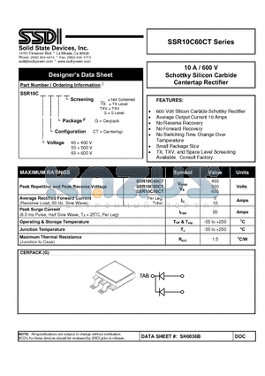 SSR10C40CT datasheet - Schottky Silicon Carbide Centertap Rectifier
