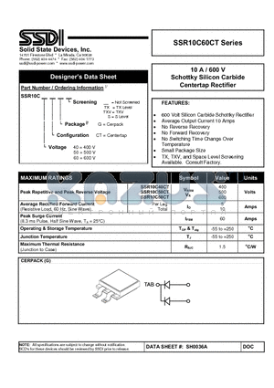 SSR10C40CTG datasheet - 10 A / 600 V Schottky Silicon Carbide Centertap Rectifier