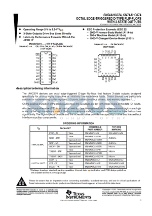 SN74AHC374DWE4 datasheet - OCTAL EDGE-TRIGGERED D-TYPE FLIP-FLOPS WITH 3-STATE OUTPUTS