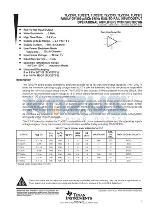 TLV2370IDBV datasheet - FAMILY OF 550-uA/Ch 3-MHz RAIL-TO-RAIL INPUT/OUTPUT OPERATIONAL AMPLIFIERS WITH SHUTDOWN
