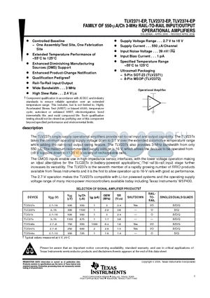 TLV2371-EP datasheet - FAMILY OF 550-lA/Ch 3-MHz RAIL-TO-RAIL INPUT/OUTPUT OPERATIONAL AMPLIFIERS