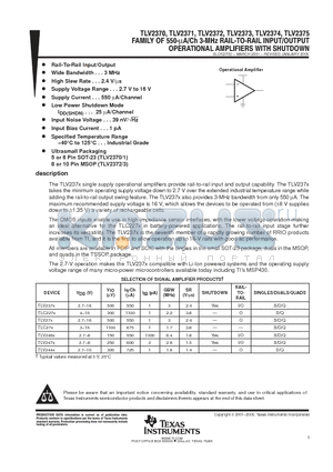 TLV2370IDBVTG4 datasheet - FAMILY OF 550-uA/Ch 3-MHz RAIL-TO-RAIL INPUT/OUTPUT OPERATIONAL AMPLIFIERS WITH SHUTDOWN