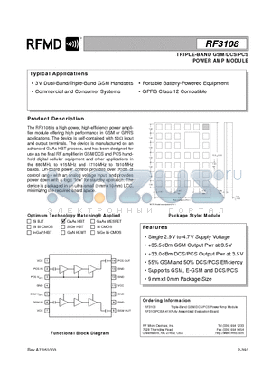 RF3108 datasheet - TRIPLE-BAND GSM/DCS/PCS POWER AMP MODULE