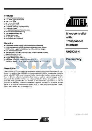 U9280M-H datasheet - MICROCONTROLER WITH TRANSPONDER INTERFACE