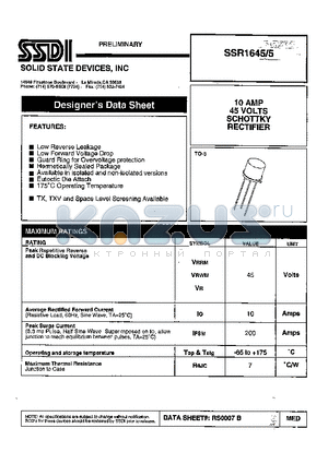 SSR1645-5 datasheet - 10 AMP 45 VOLTS SCHOTTKY RECTIFIER