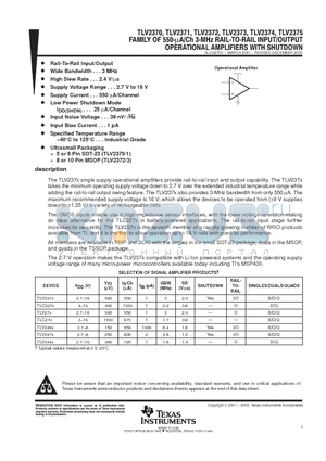 TLV2372ID datasheet - FAMILY OF 550- UA/CH 3-MHz RAIL-TO-RAIL INPUT/OUTPUT OPERATIONAL AMPLIFIERS WITH SHUTDOWN