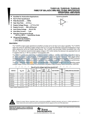 TLV2371QDBVRQ1 datasheet - FAMILY OF 550-lA/Ch 3-MHz RAIL-TO-RAIL INPUT/OUTPUT OPERATIONAL AMPLIFIERS