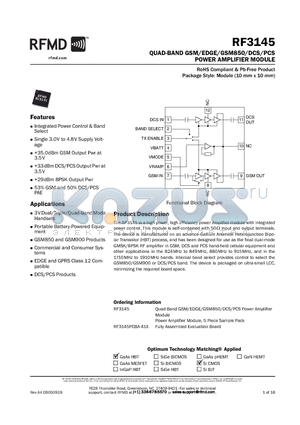 RF3145 datasheet - QUAD-BAND GSM/EDGE/GSM850/DCS/PCS POWER AMPLIFIER MODULE