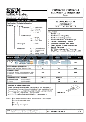 SSR2010CTJ datasheet - 20 AMPS, 100 VOLTS CENTERTAP SCHOTTKY RECTIFIER