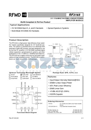 RF3165PCBA-410 datasheet - 3V 1750MHZ W-CDMA LINEAR POWER AMPLIFIER MODULE