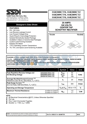 SSR2010CTZ datasheet - 20 AMPS 100 VOLTS CENTER TAP SCHOTTKY RECTIFIER