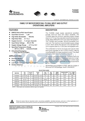 TLV2381 datasheet - FAMILY OF MICROPOWER RAIL-TO-RAIL INPUT AND OUTPUT OPERATIONAL AMPLIFIERS