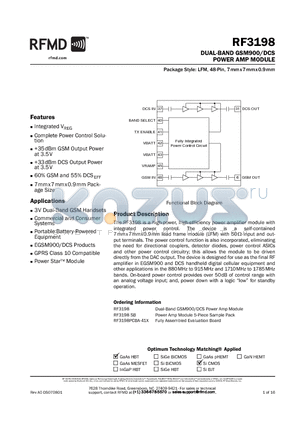 RF3198 datasheet - DUAL-BAND GSM900/DCS POWER AMP MODULE