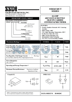 SSR24C50CTGTX datasheet - 24 AMP 600 VOLTS SCHOTTKY SILICON CARBIDE CENTER TAP RECTIFIER