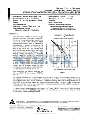 TLV2422 datasheet - Advanced LinCMOSE RAIL-TO-RAIL OUTPUT WIDE-INPUT-VOLTAGE MICROPOWER DUAL OPERATIONAL AMPLIFIERS