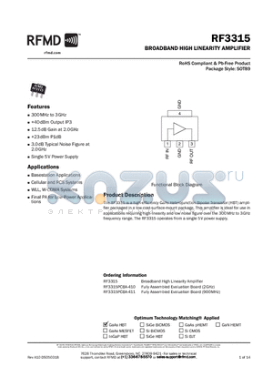 RF3315 datasheet - BROADBAND HIGH LINEARITY AMPLIFIER