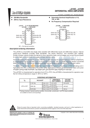 UA733 datasheet - DIFFERENTIAL VIDEO AMPLIFIERS