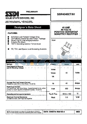 SSR4040CT-61 datasheet - 40 AMP 40 VOLTS POSITIVE CENTERTAP SCHOTTKY RECTIFIER