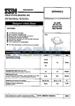 SSR4045/3 datasheet - 40 AMP 45 VOLTS SCHOTTKY RECTIFIER