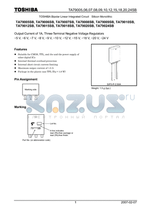 TA79005SB datasheet - Output Current of 1A, Three-Terminal Negative Voltage Regulators