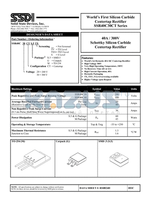 SSR40C20 datasheet - 40A / 300V Schottky Silicon Carbide Centertap Rectifier