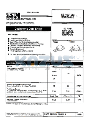 SSR6010Z datasheet - 60 AMP 100 VOLTS SCHOTTKY RECTIFIER