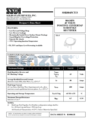 SSR8045CT/3 datasheet - 80AMPS 45 VOLTS POSITIVE CENTERTAP SCHOTTKY RECTIFIER