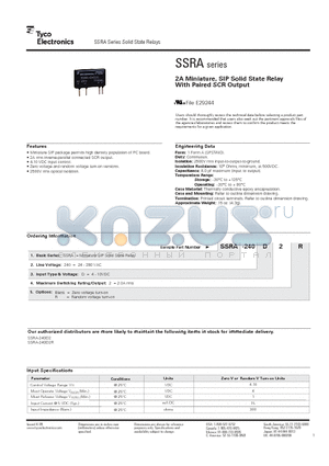 SSRA-240D2R datasheet - 2A Miniature, SIP Solid State Relay With Paired SCR Output