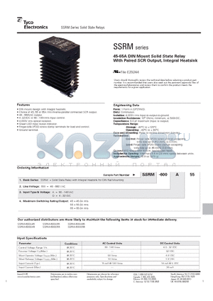 SSRM datasheet - 45-65A DIN Mount Solid State Relay With Paired SCR Output, Integral Heatsink