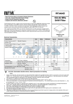 RF3404D datasheet - 433.92 MHz SAW Filter