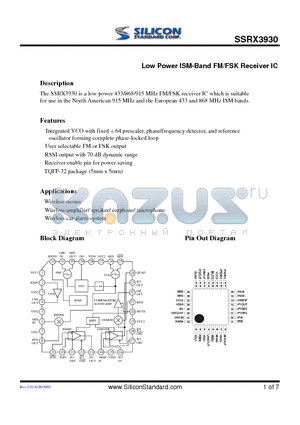 SSRX3930 datasheet - LOW POWER ISM BAND FM/FSK RECEIVER IC